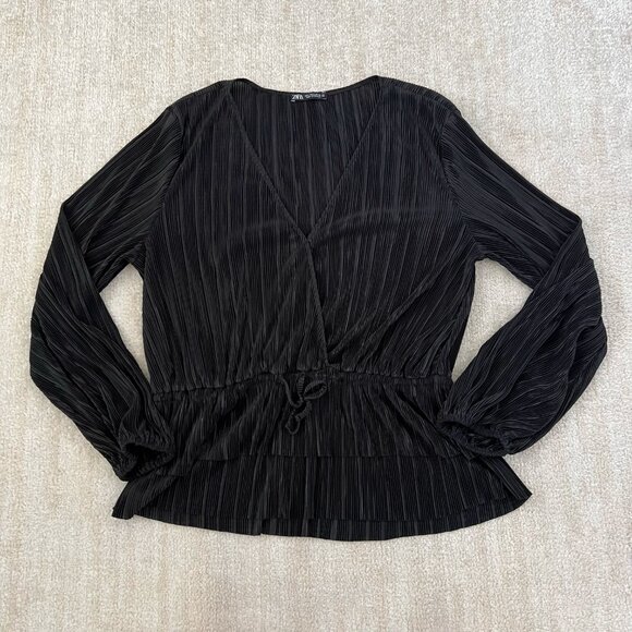 Zara Tops - Zara Pleated Ruffle Faux Wrap Long Sleeve Blouse Top L Black